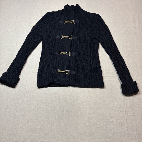 LAUREN RALPH LAUREN CABLE KNIT JACKET CARDIGAN SWEATER GOLD BUCKLES ZIP UP Sz Sm - Picture 1 of 6